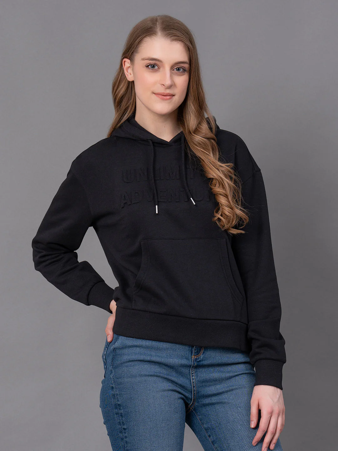 Black Cotton Poly Fleece Embossed Women's Hoodie - Image 2