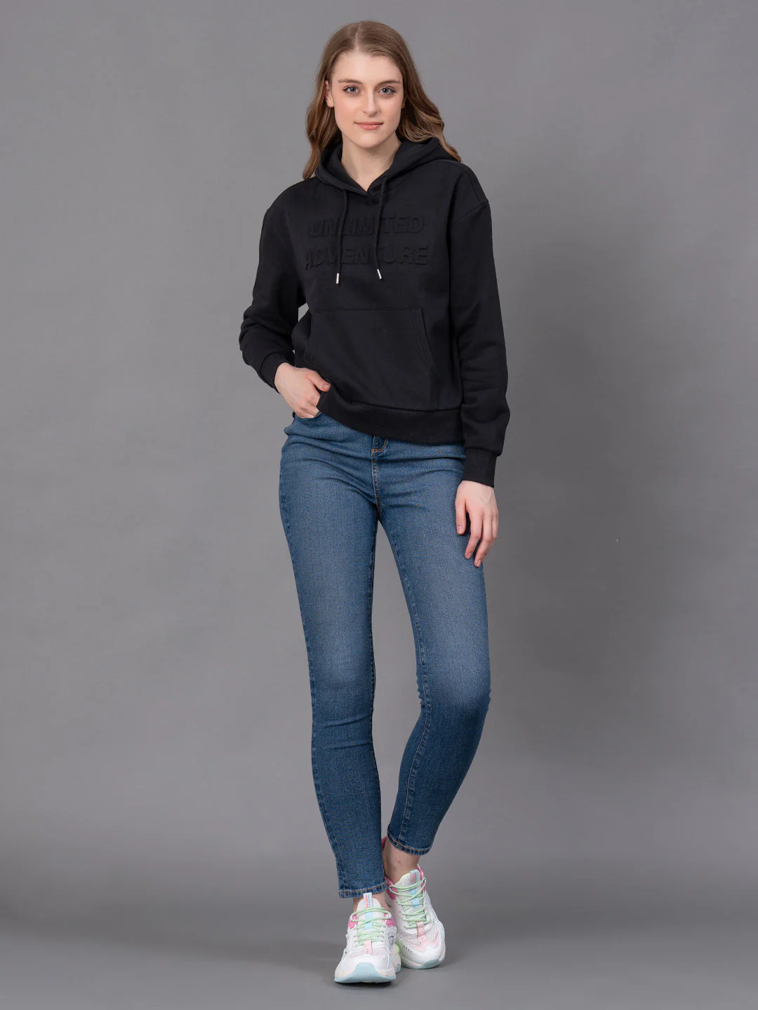 Black Cotton Poly Fleece Embossed Women's Hoodie - Image 5