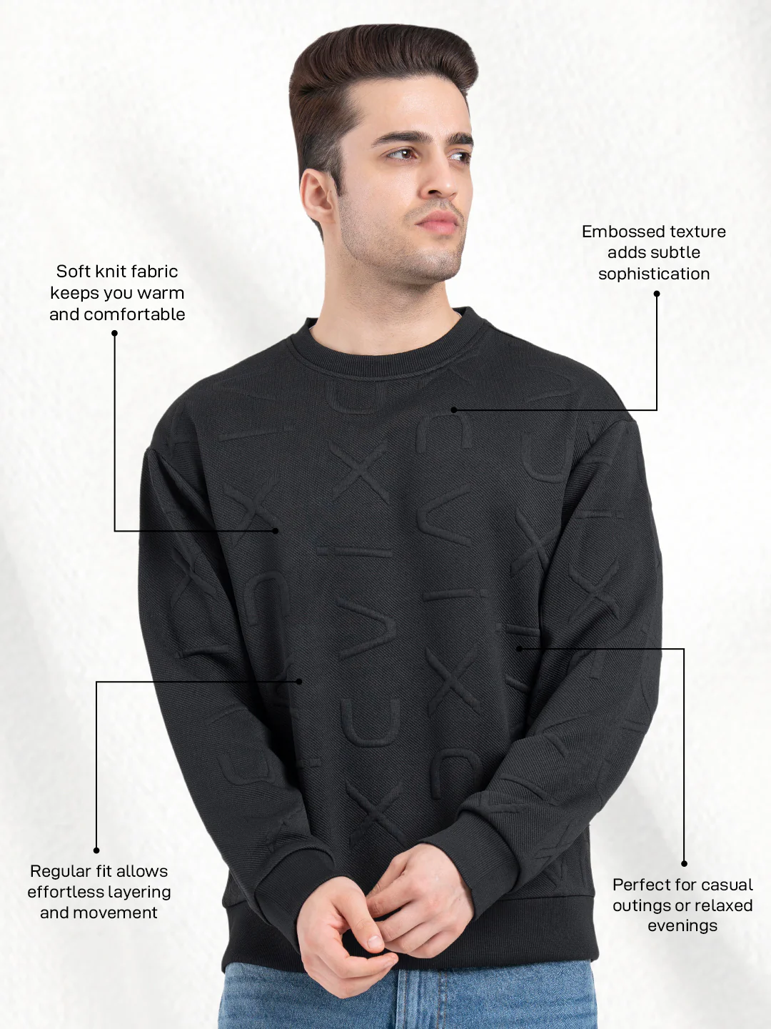 Black Embossed Sweatshirt for Men| Minimalist Comfort for Everyday Wear - Image 2