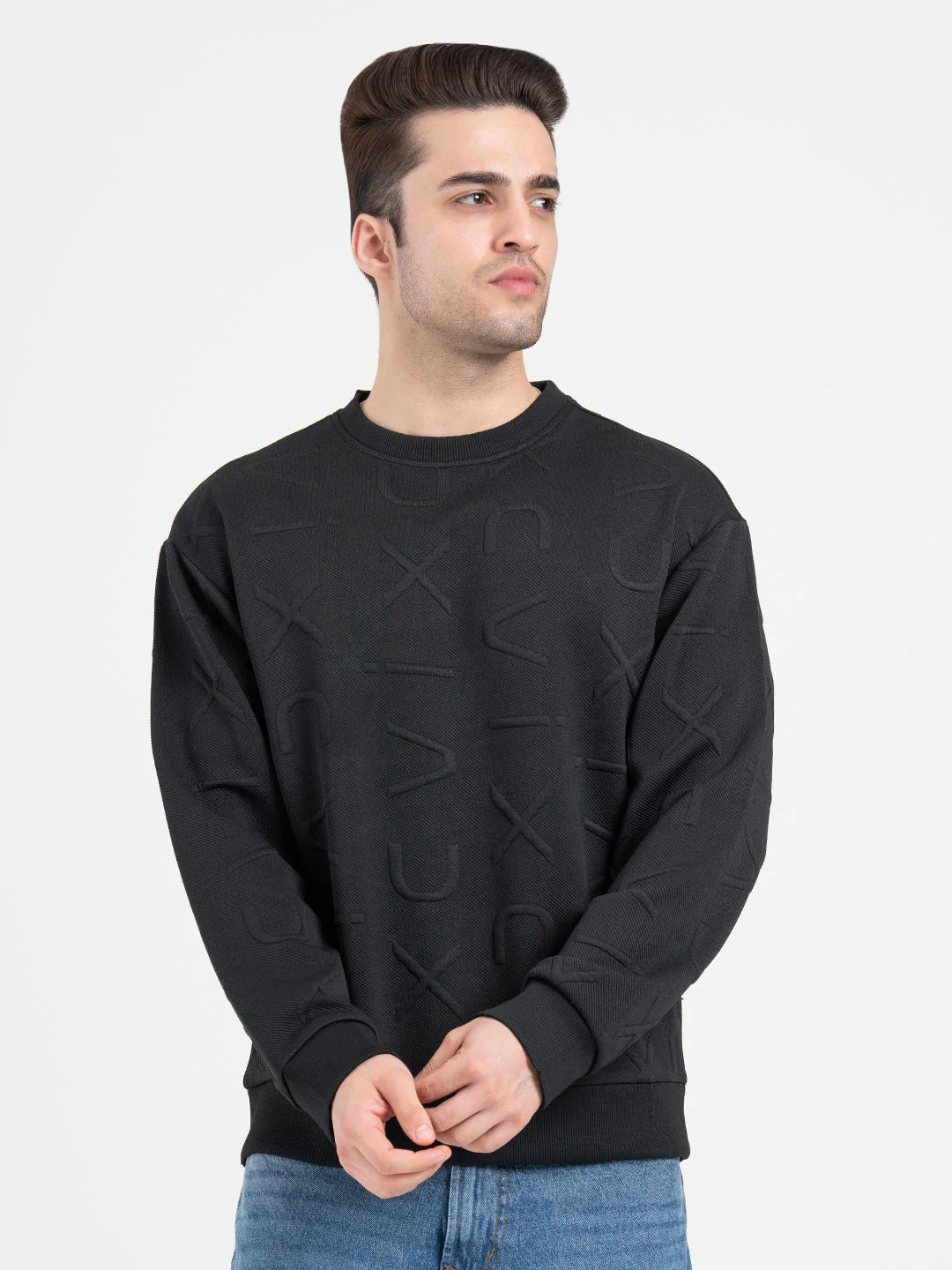 Black Embossed Sweatshirt for Men| Minimalist Comfort for Everyday Wear - Image 3
