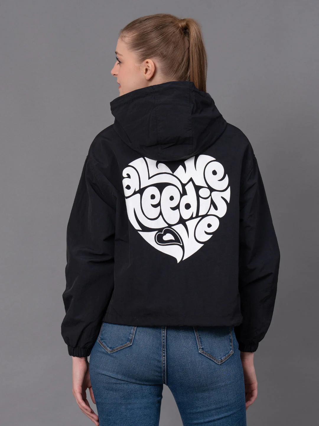Black Nylon Graphic Print Women's Windcheater Jacket - Image 3