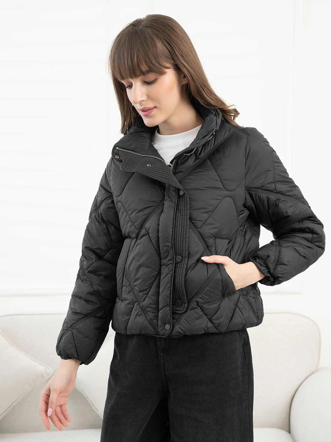 Black Padded Jacket for Women - Image 2