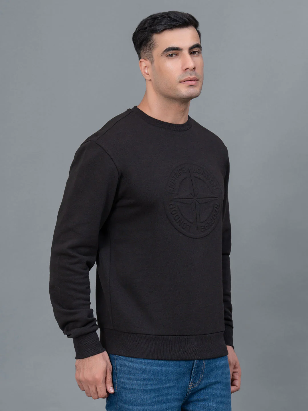 Casual Black Embossed Sweatshirt for Men - Image 2