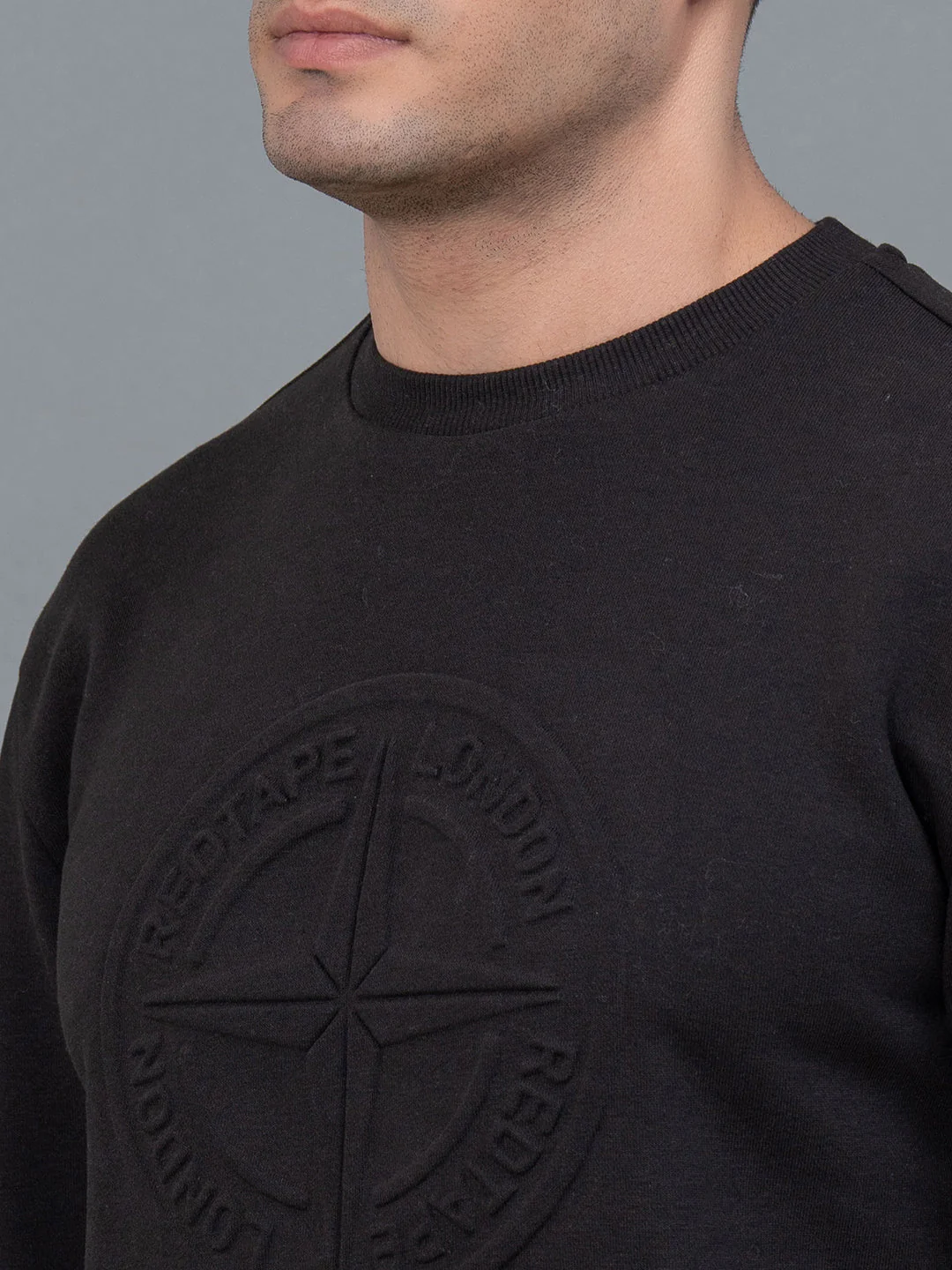 Casual Black Embossed Sweatshirt for Men - Image 4