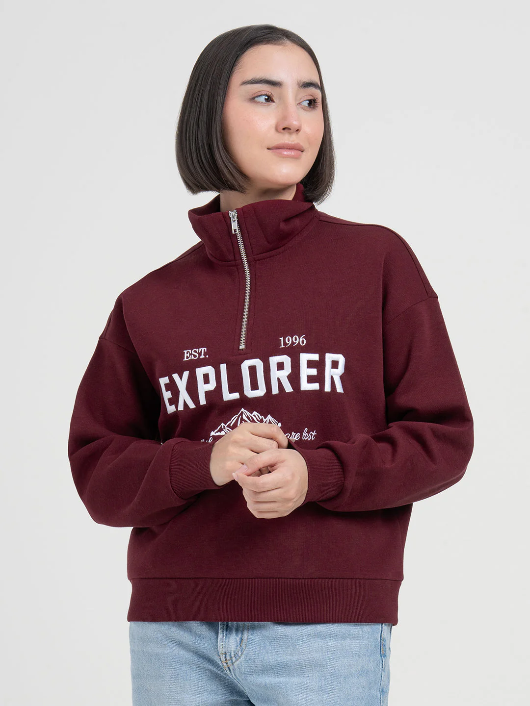 Dark Maroon Half-Zip Sweatshirt for Women | Cozy Casual Comfort - Image 2