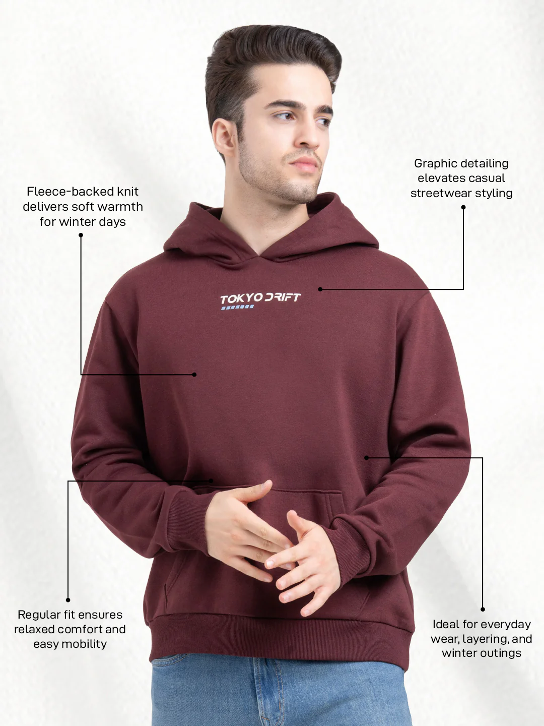 Dark Maroon Hoodies for Men | Bold Graphic Winter Style - Image 2