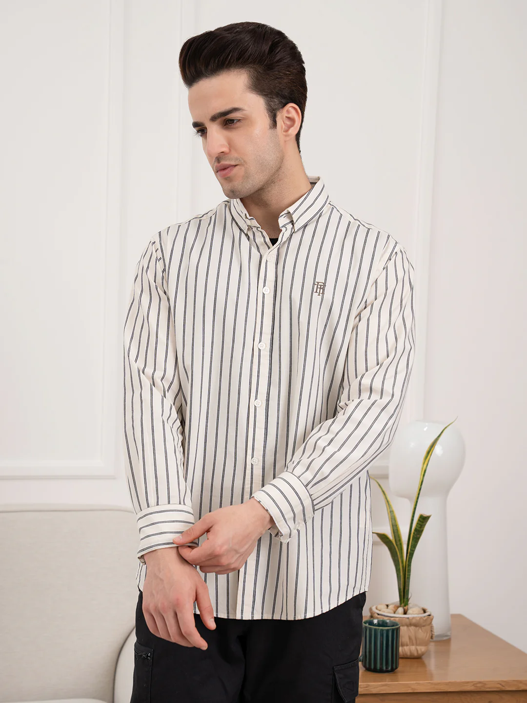 Full Sleeve Beige Striped Shirt for Men | Casual Comfort in Classic Style - Image 3