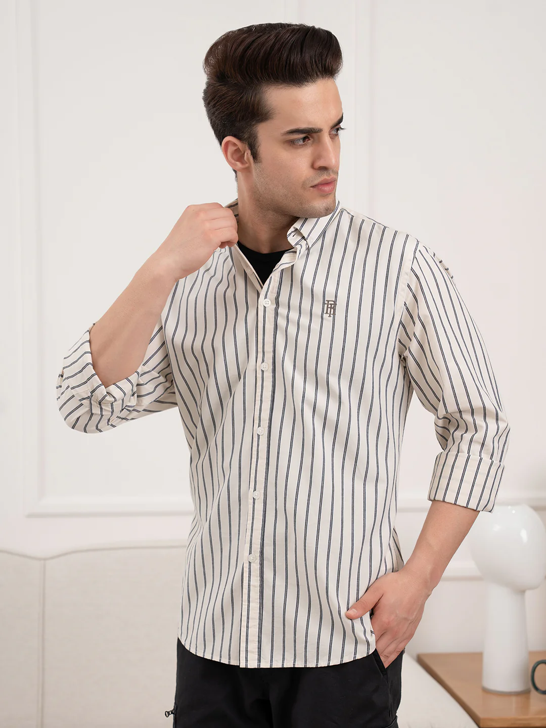 Full Sleeve Beige Striped Shirt for Men | Casual Comfort in Classic Style - Image 4