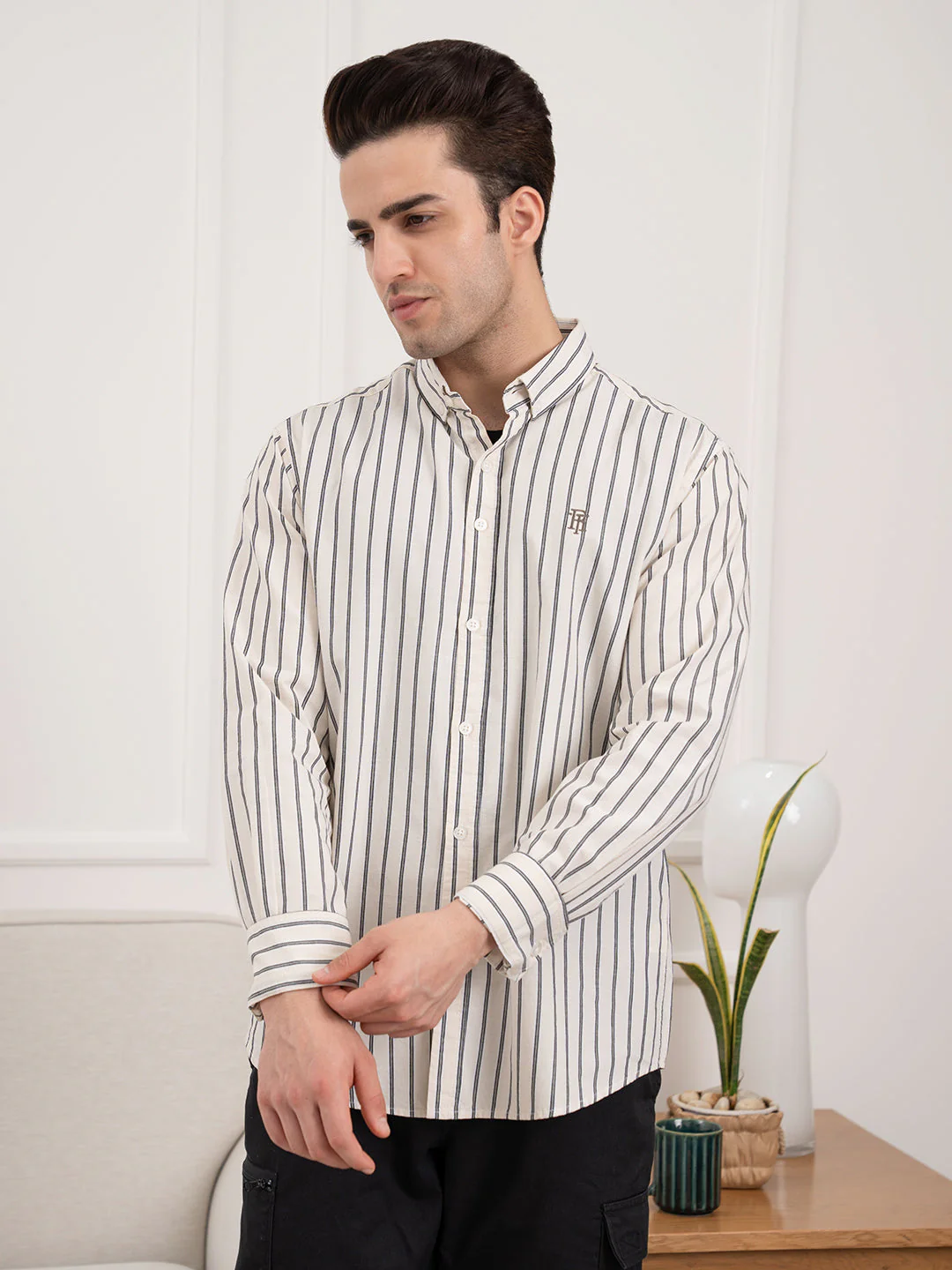 Full Sleeve Beige Striped Shirt for Men | Casual Comfort in Classic Style - Image 7