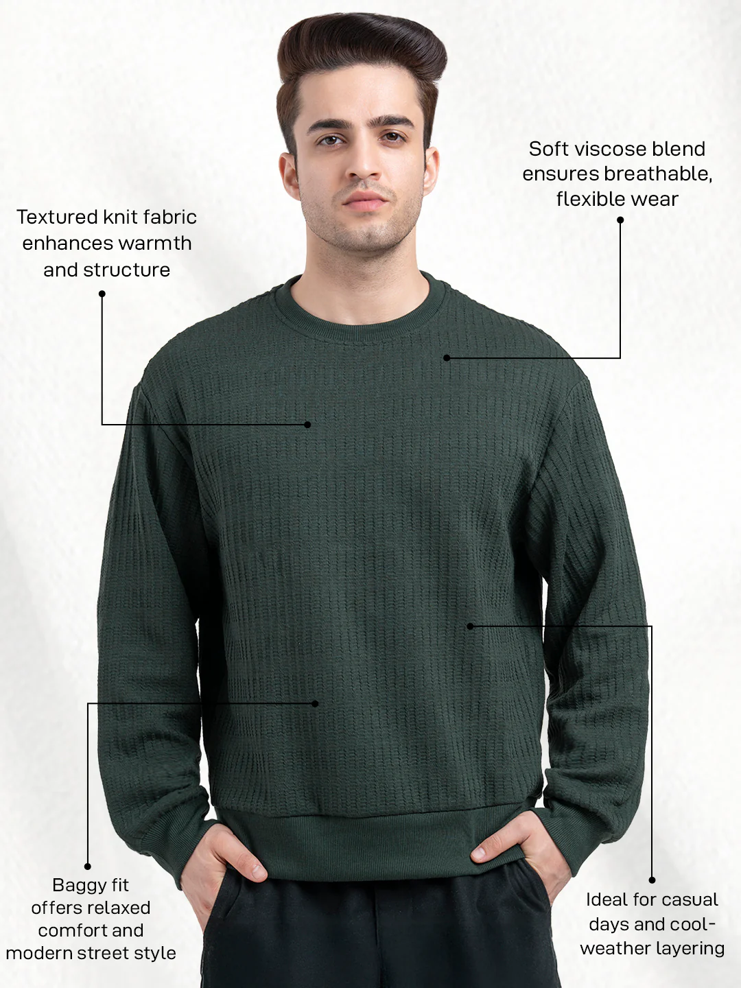 Green Winter Sweatshirt for Men | Textured Winter Streetwear - Image 2