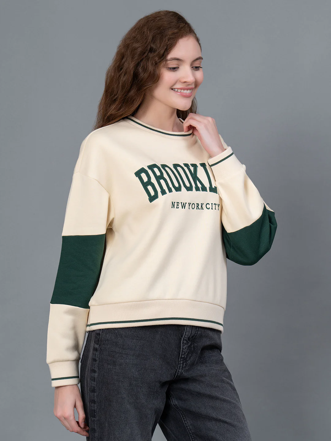 Ivory Embroidered Cotton Poly Fleece Women's Sweatshirt - Image 2