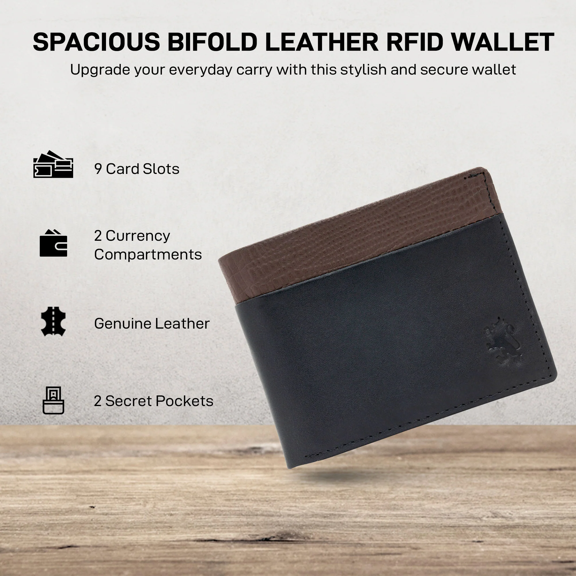 Leather RFID Wallet | Stylish And Secure | 9 Card Slots, 2 Currency Compartments, 2 Secret Pockets | Eagle Embossing with RFID - Genuine Leather - Image 2