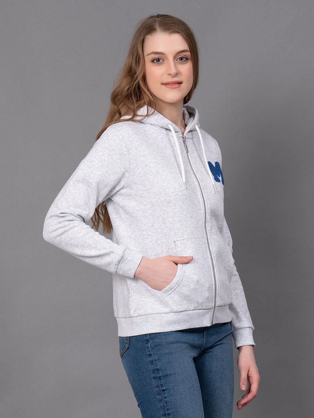 Light Grey Melange Cotton Poly Viscose Embroidered Women's Hoodie - Image 2