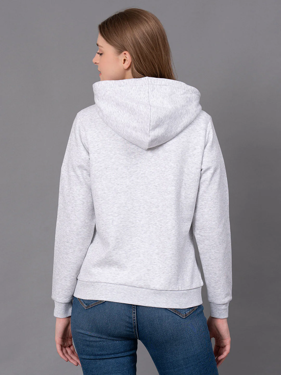 Light Grey Melange Cotton Poly Viscose Embroidered Women's Hoodie - Image 3