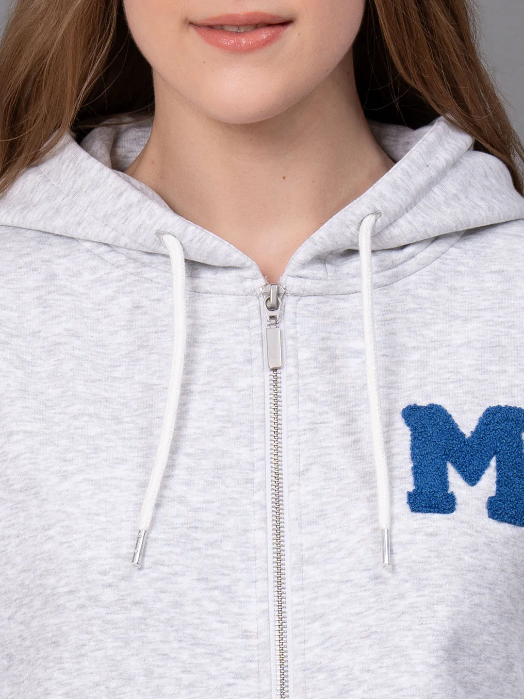 Light Grey Melange Cotton Poly Viscose Embroidered Women's Hoodie - Image 4
