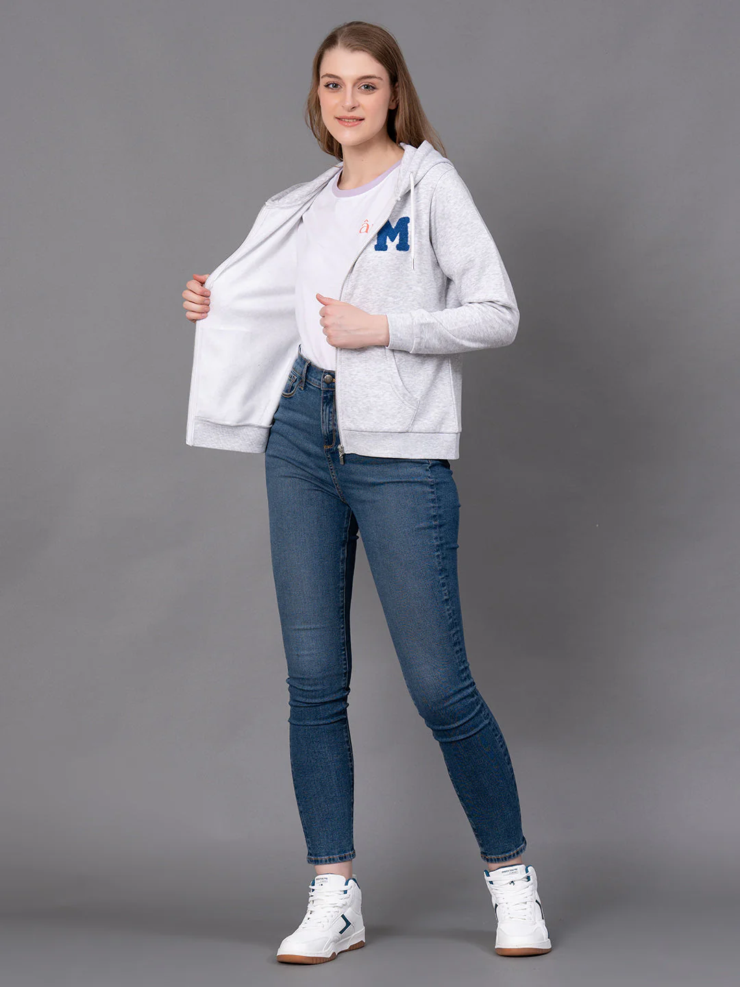Light Grey Melange Cotton Poly Viscose Embroidered Women's Hoodie - Image 5