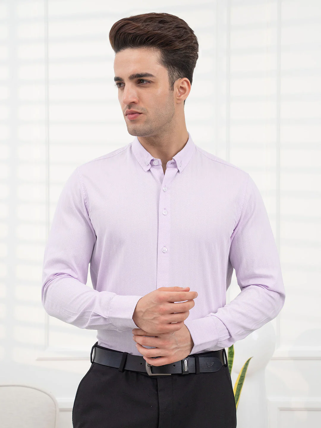 Light Purple Striped Shirt Men | Daily Formal Wear - Image 2