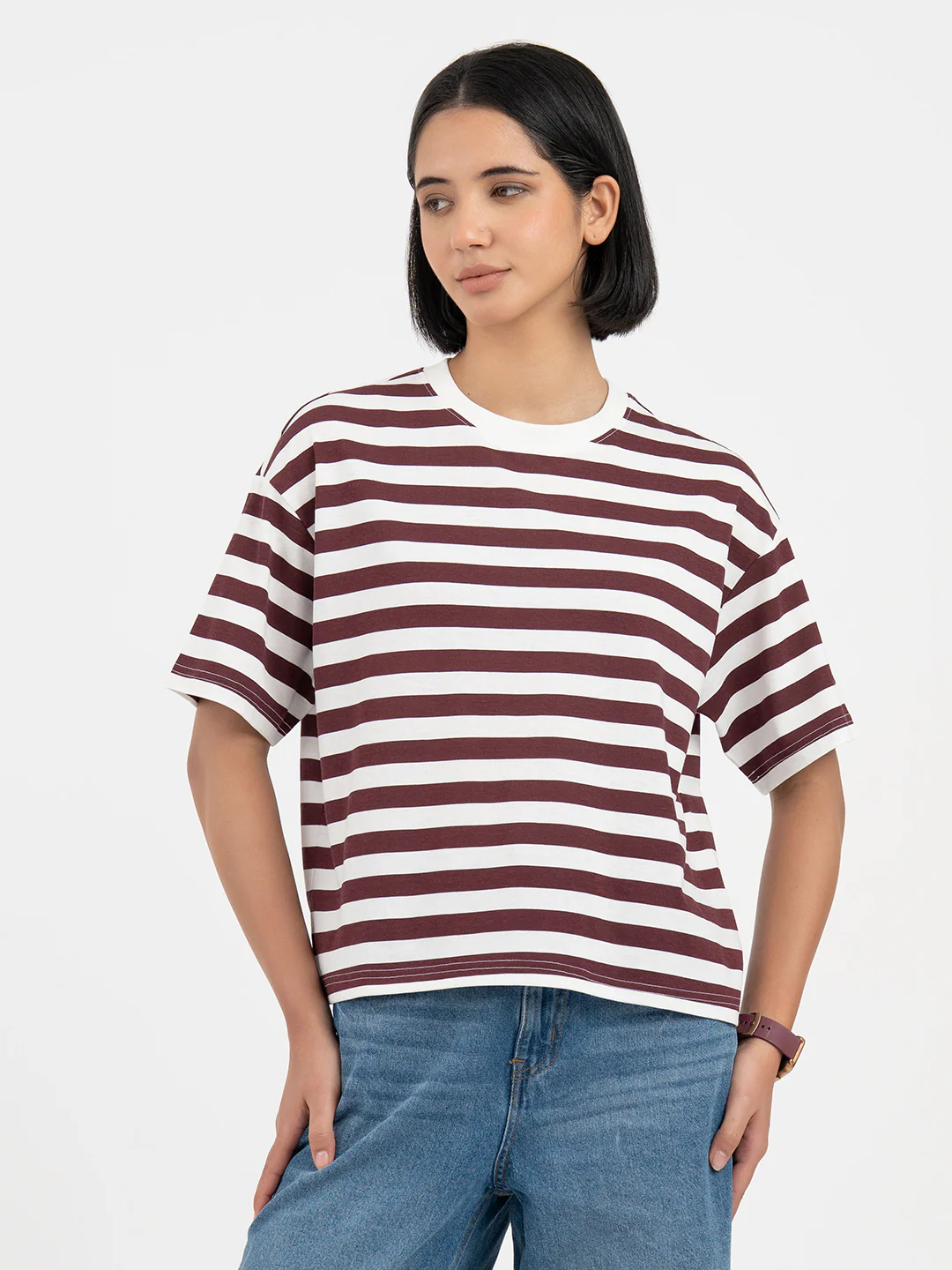 Maroon and White T-Shirt for Women - Image 7