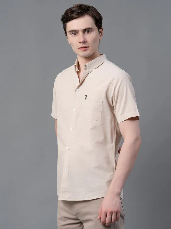 Men Beige Solid Shirts - Image 2