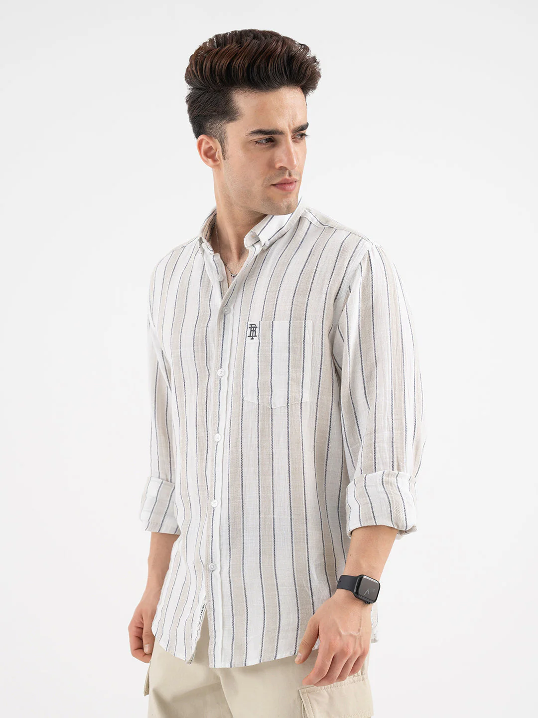 Red Tape Menâ€™s Beige Striped Shirt - Image 2
