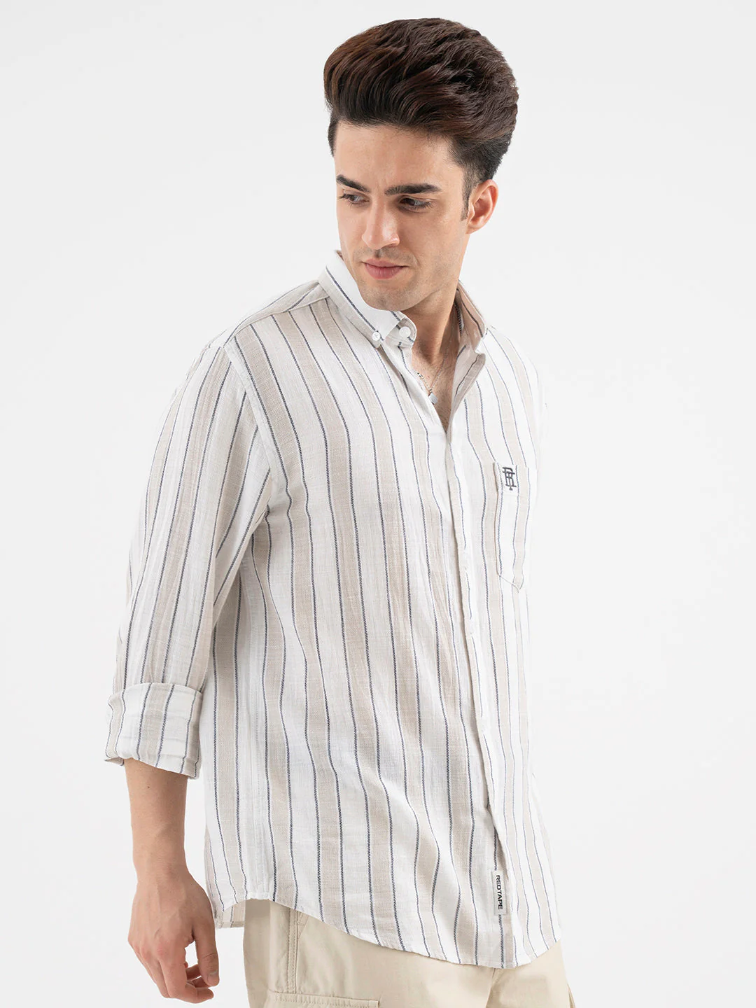 Red Tape Menâ€™s Beige Striped Shirt - Image 6