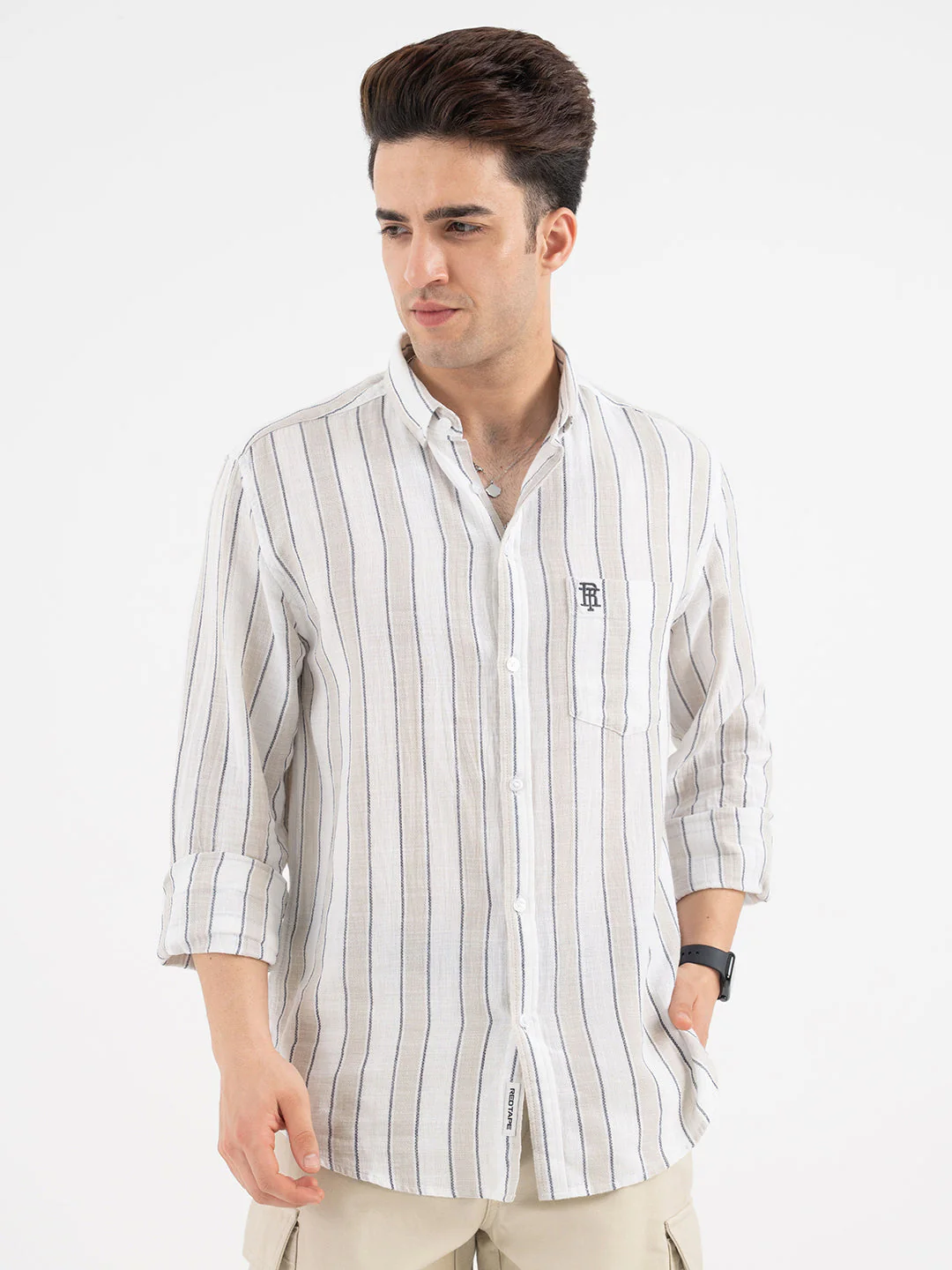 Red Tape Menâ€™s Beige Striped Shirt - Image 7
