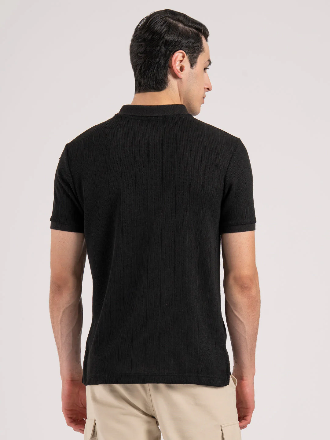 Men Black Structure Pattern Polyester Rayon Polo Collar Regular Fit T-Shirt - Image 3