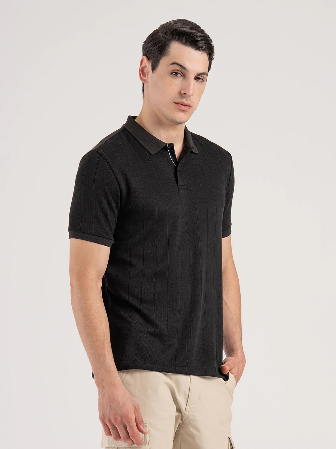 Men Black Structure Pattern Polyester Rayon Polo Collar Regular Fit T-Shirt - Image 6
