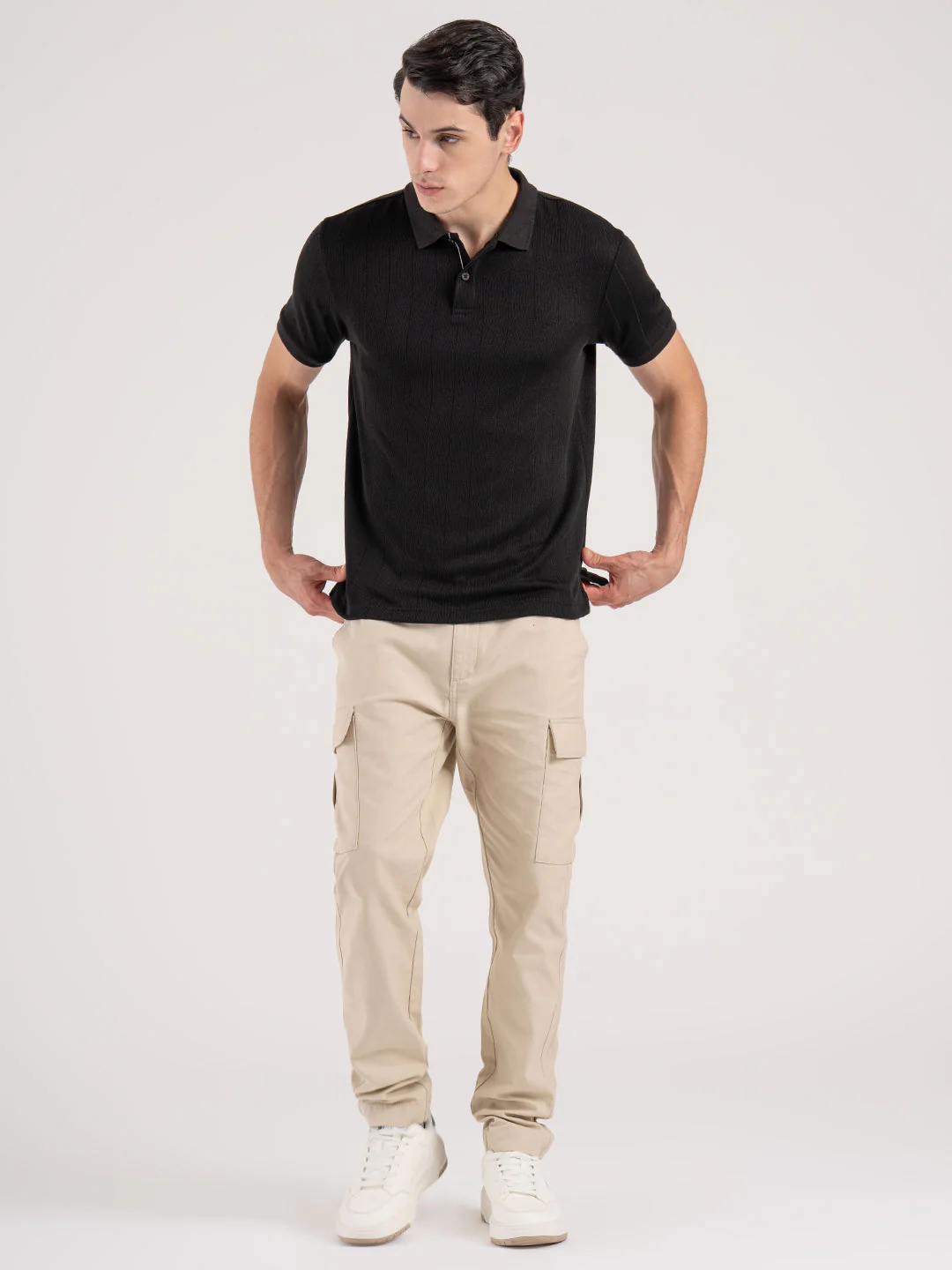 Men Black Structure Pattern Polyester Rayon Polo Collar Regular Fit T-Shirt - Image 7