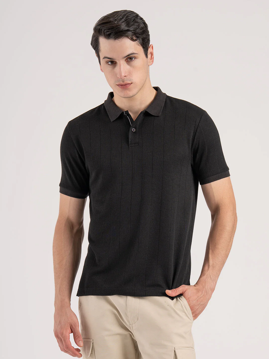 Men Black Structure Pattern Polyester Rayon Polo Collar Regular Fit T-Shirt - Image 8