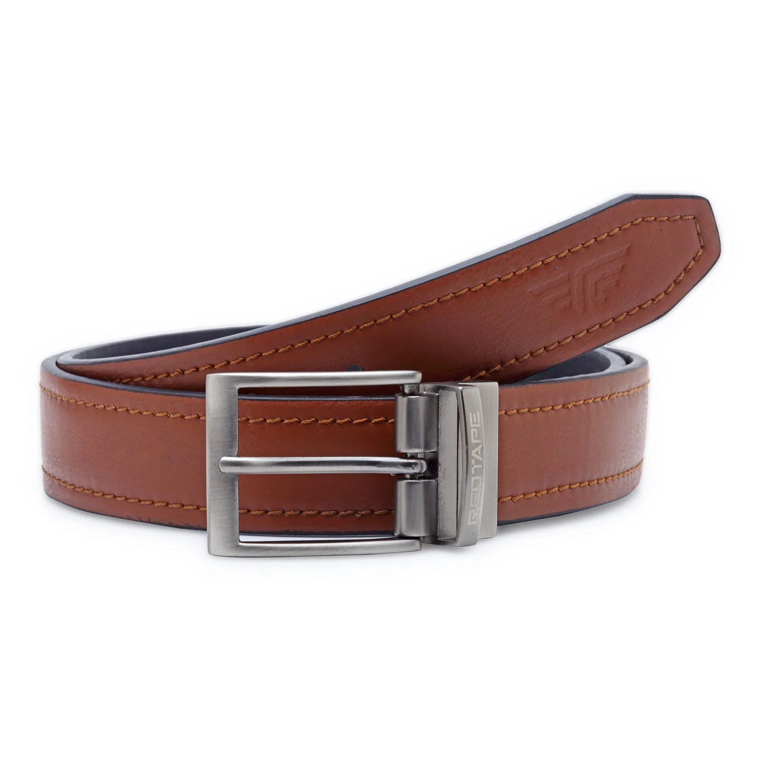 Men Black Tan PU Reversible Belt - Image 7