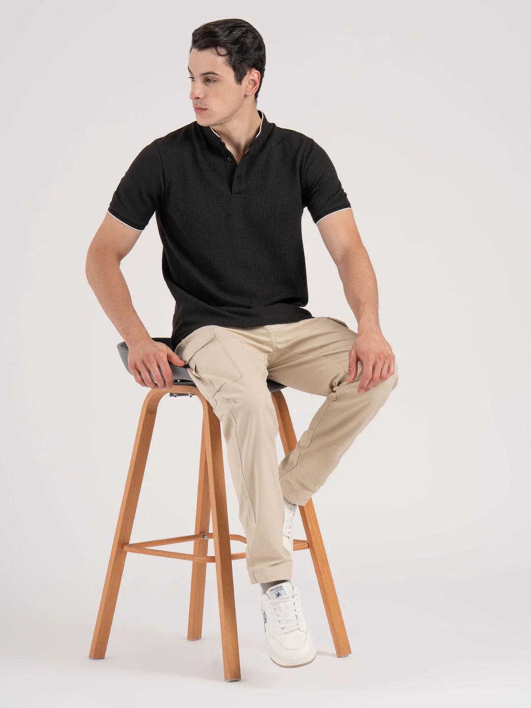 Men Black Waffle Henley Pattern Poly Cotton Spandex Regular Fit T-Shirt - Image 5