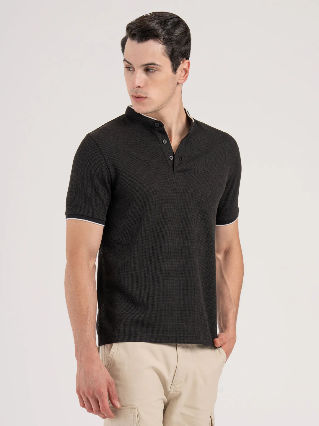 Men Black Waffle Henley Pattern Poly Cotton Spandex Regular Fit T-Shirt - Image 6