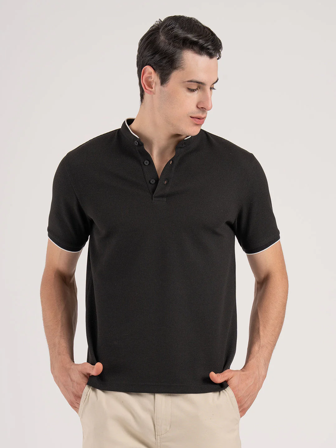 Men Black Waffle Henley Pattern Poly Cotton Spandex Regular Fit T-Shirt - Image 7