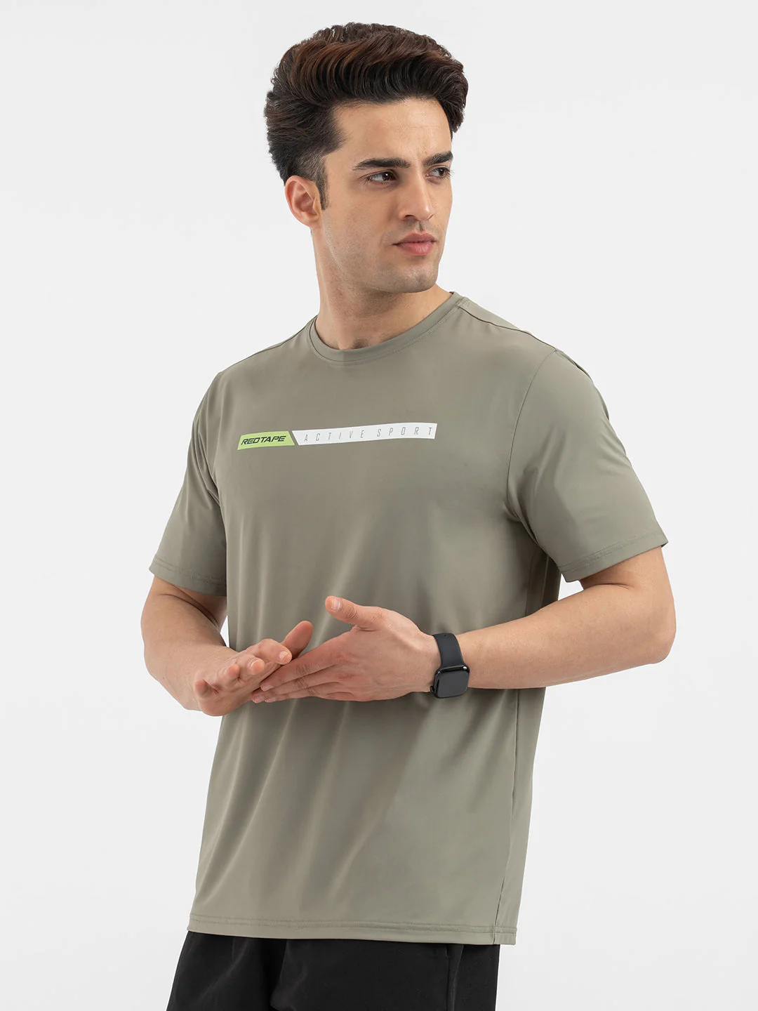 Red Tape Menâ€™s Light Olive Graphic Activewear T-Shirt - Image 2