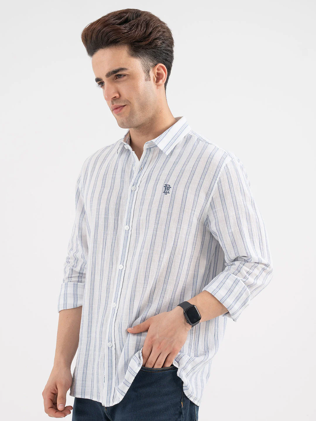 Menâ€™s Slate Blue Casual Stripe Shirt - Image 2