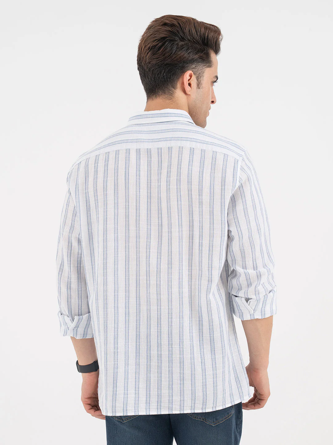 Menâ€™s Slate Blue Casual Stripe Shirt - Image 3