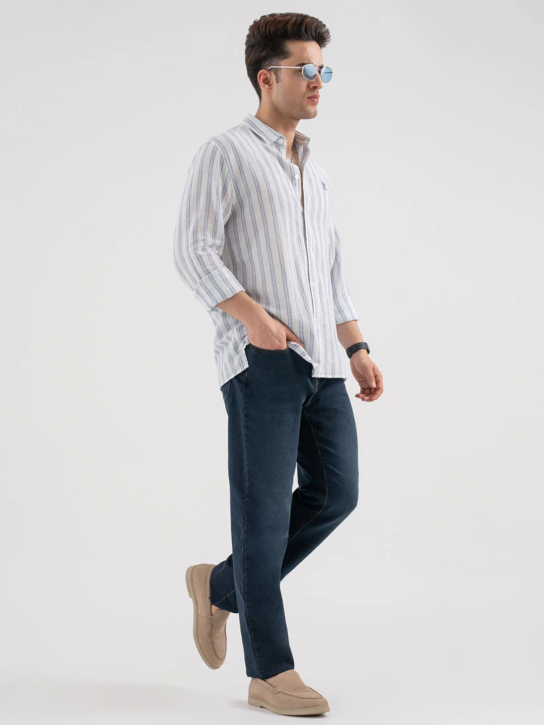 Menâ€™s Slate Blue Casual Stripe Shirt - Image 5
