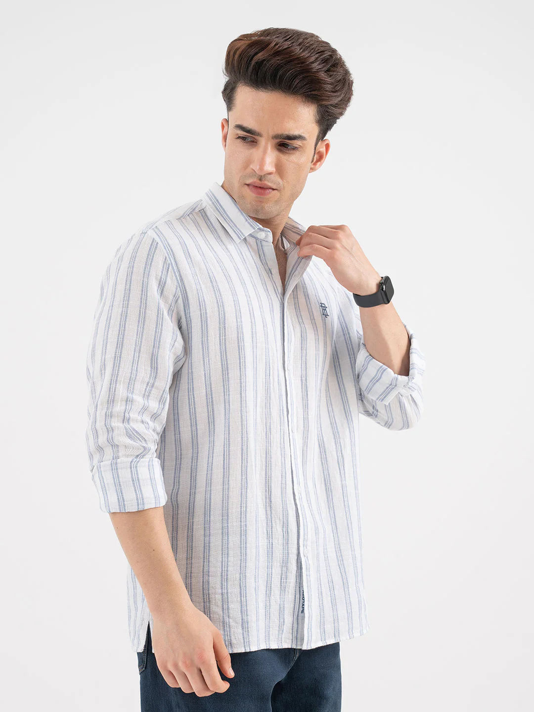 Menâ€™s Slate Blue Casual Stripe Shirt - Image 6