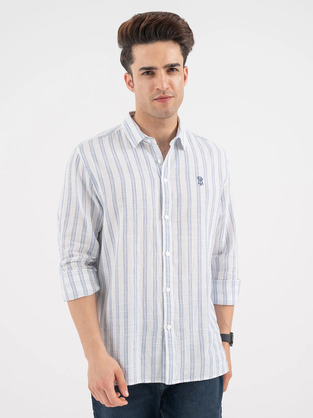 Menâ€™s Slate Blue Casual Stripe Shirt - Image 7