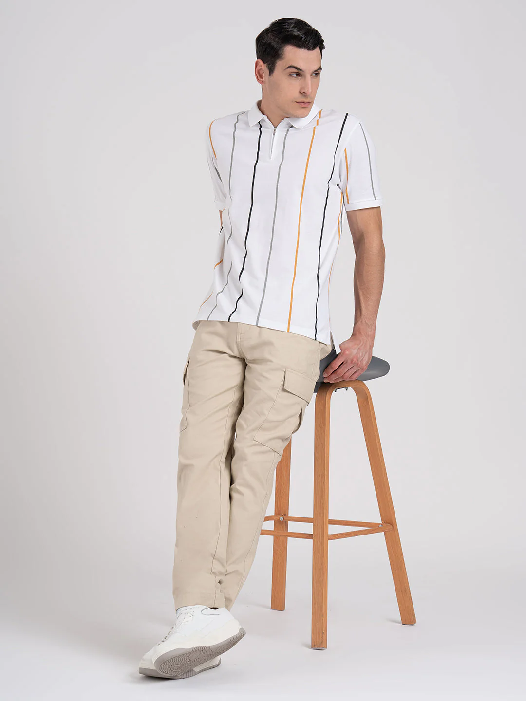 Men White Pure Cotton Vertical Stripe Zipper Polo T-Shirt - Image 5