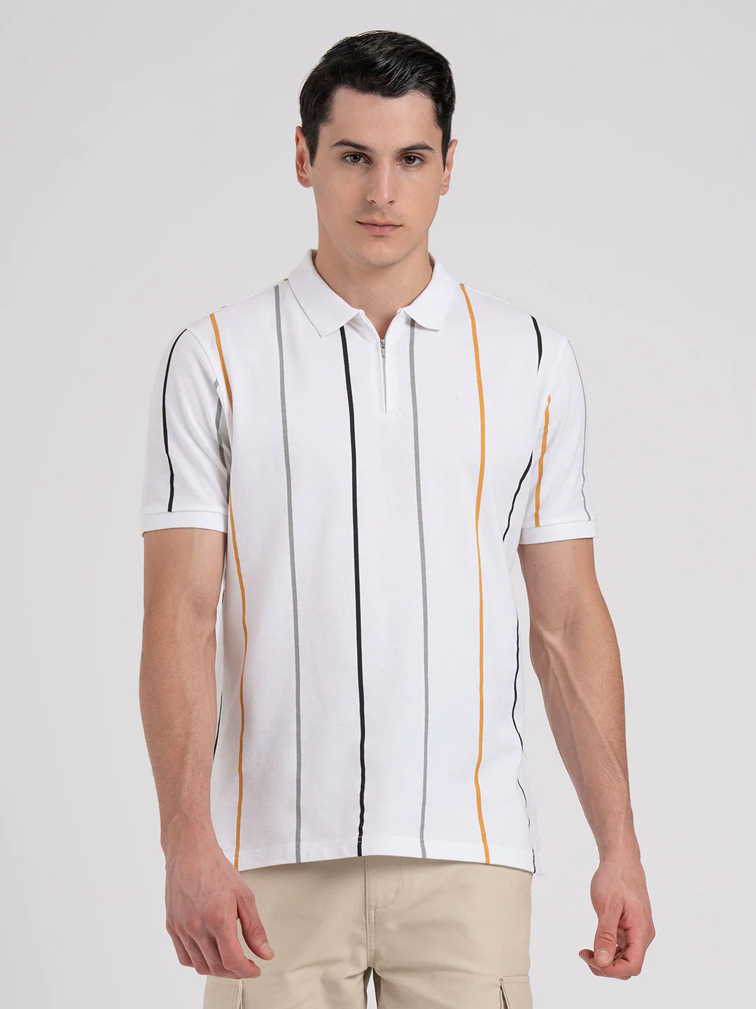 Men White Pure Cotton Vertical Stripe Zipper Polo T-Shirt - Image 7
