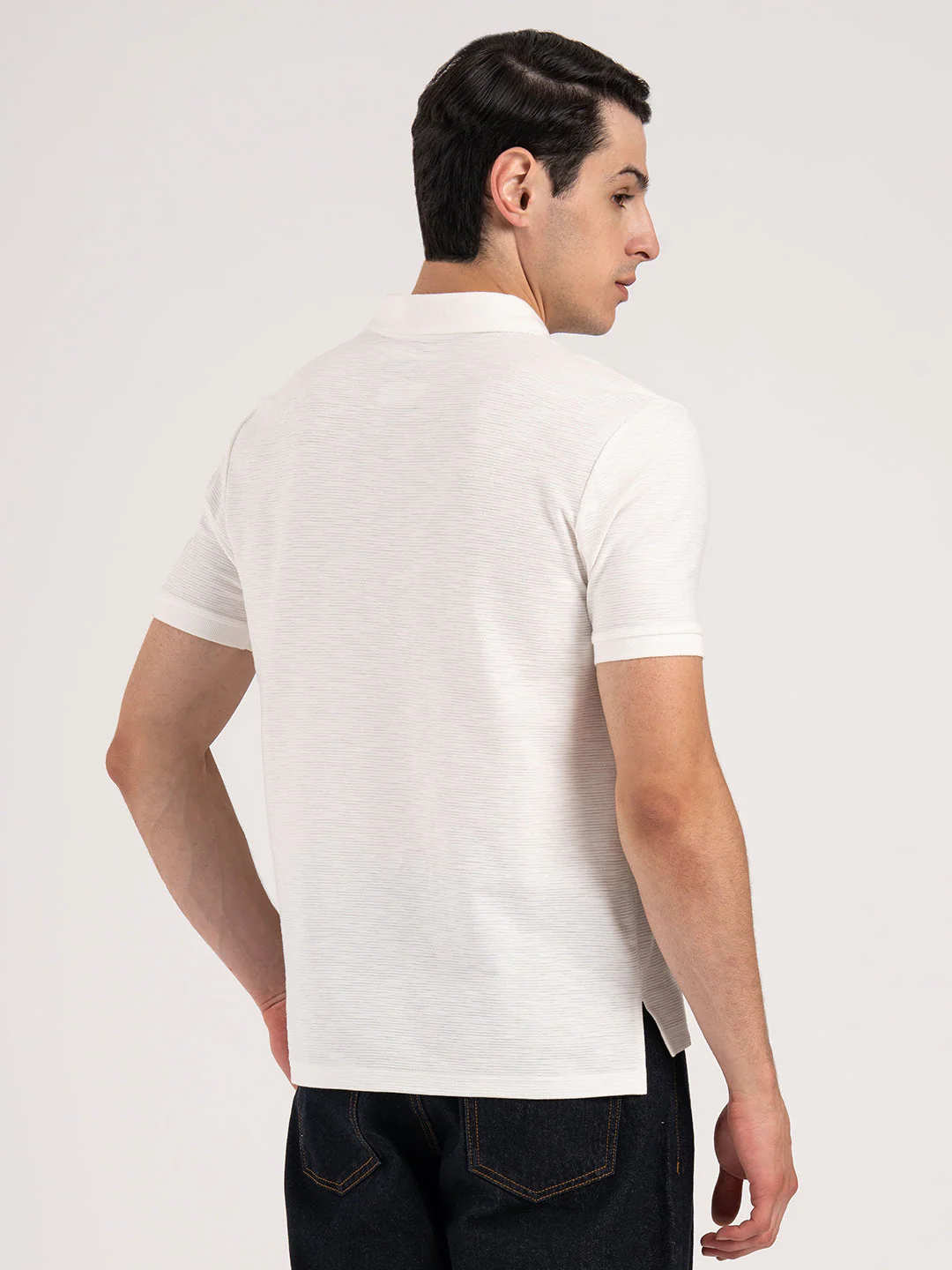 Men White Structure Pattern Cotton Polyester Spandex Polo Collar Regular Fit T-Shirt - Image 3