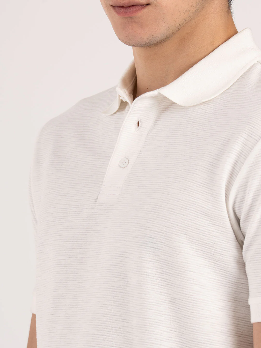 Men White Structure Pattern Cotton Polyester Spandex Polo Collar Regular Fit T-Shirt - Image 4