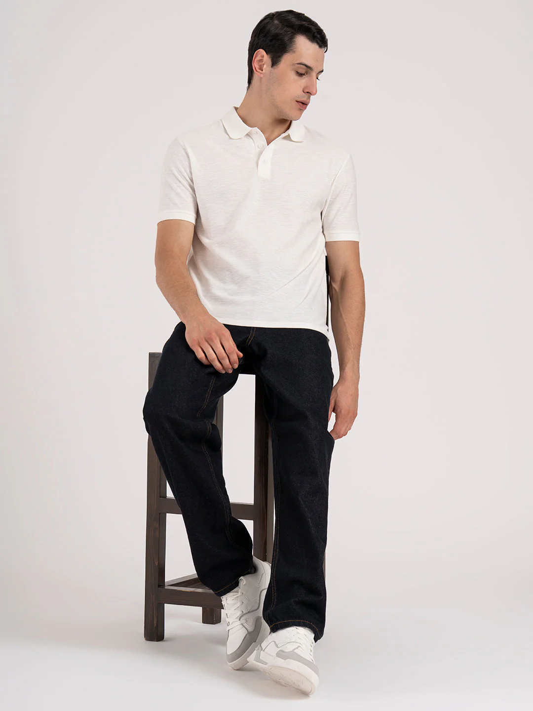 Men White Structure Pattern Cotton Polyester Spandex Polo Collar Regular Fit T-Shirt - Image 5