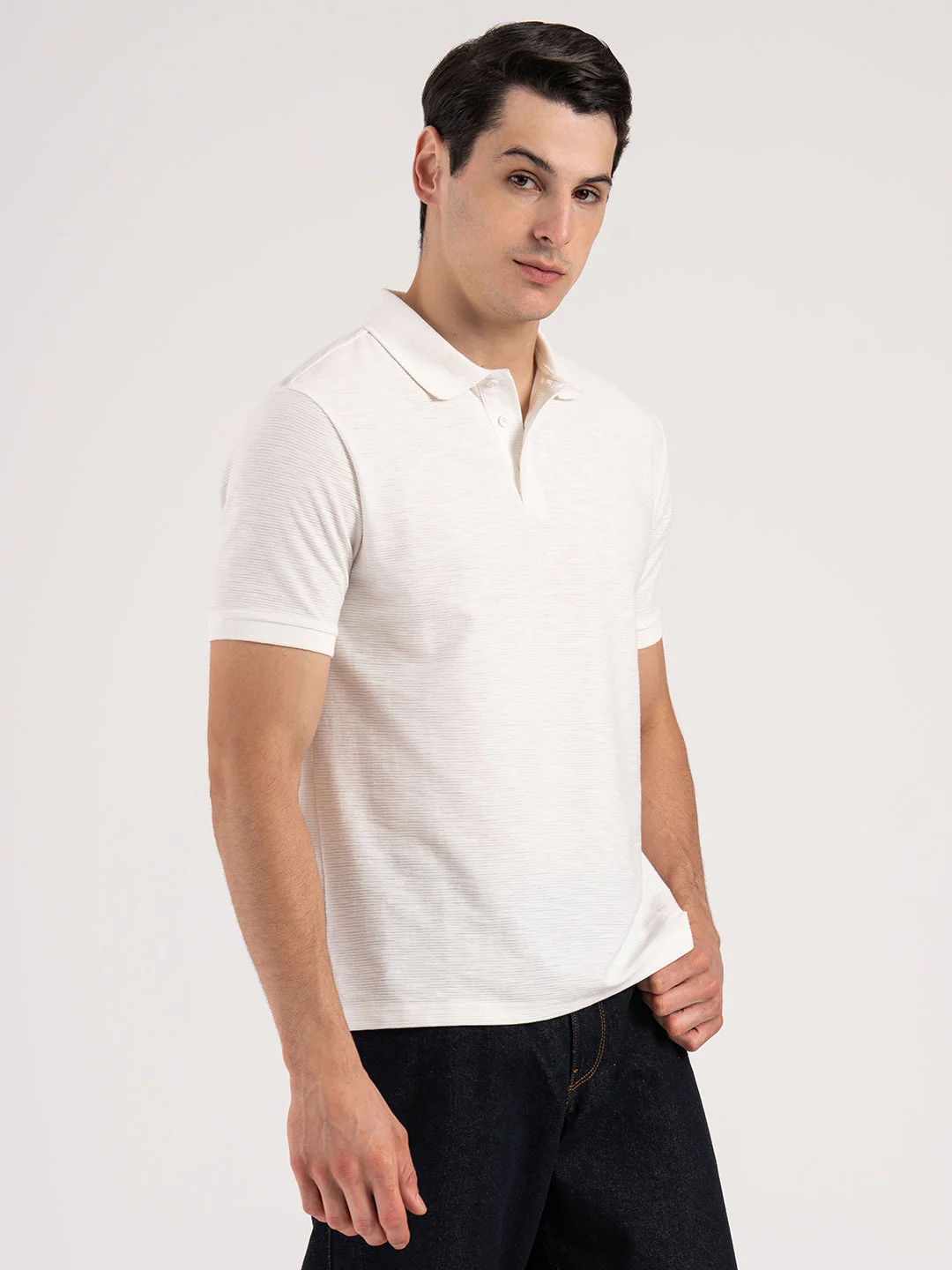 Men White Structure Pattern Cotton Polyester Spandex Polo Collar Regular Fit T-Shirt - Image 6