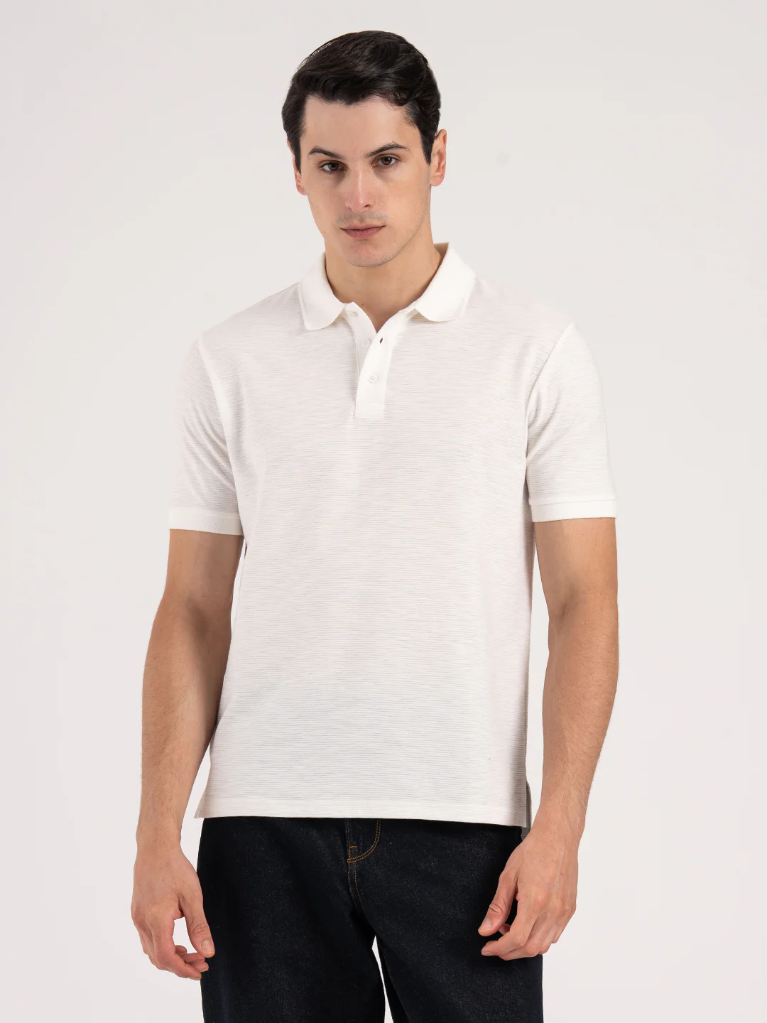 Men White Structure Pattern Cotton Polyester Spandex Polo Collar Regular Fit T-Shirt - Image 8