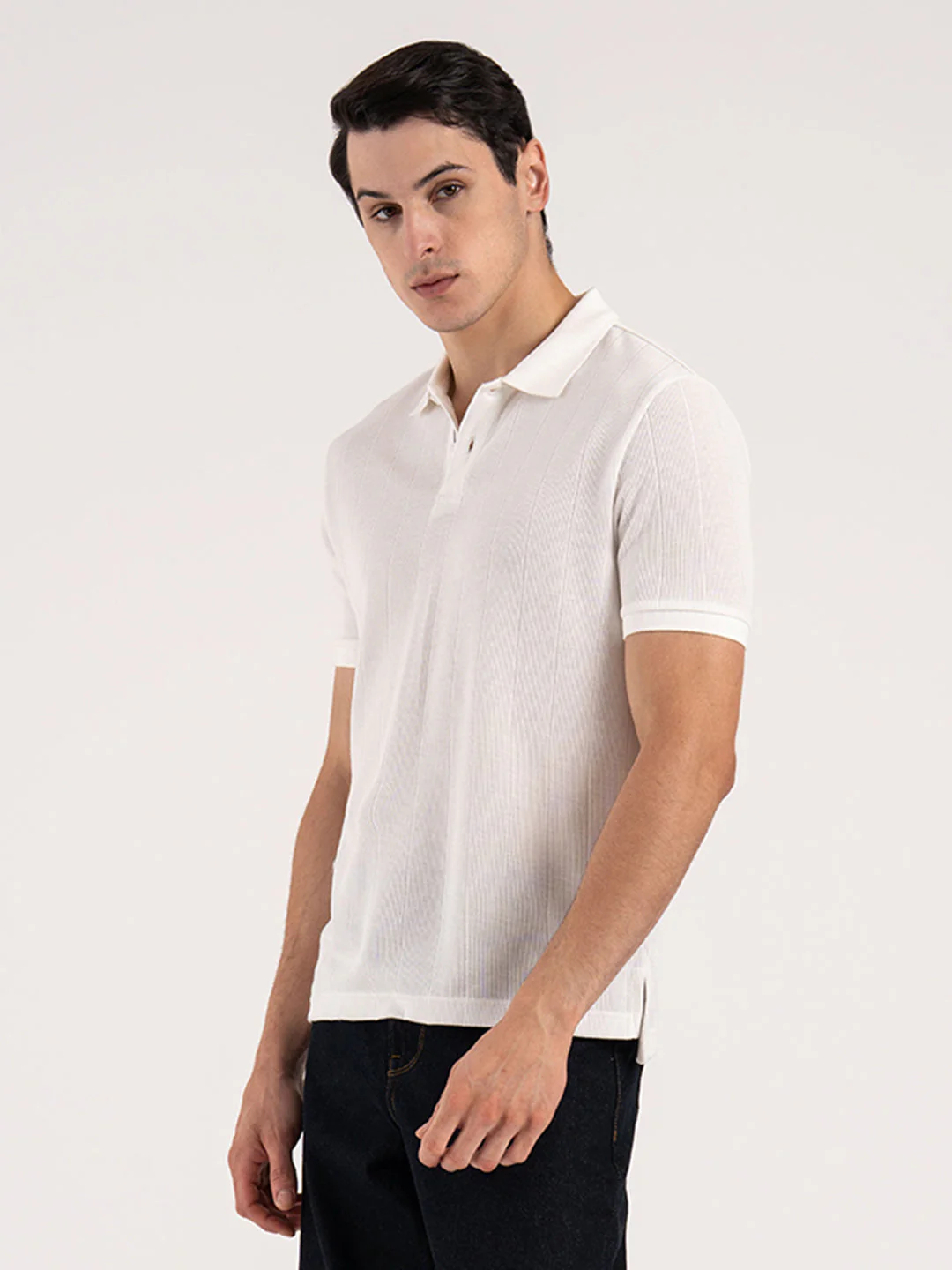 Men White Structure Pattern Polyester Rayon Polo Collar Regular Fit T-Shirt - Image 2
