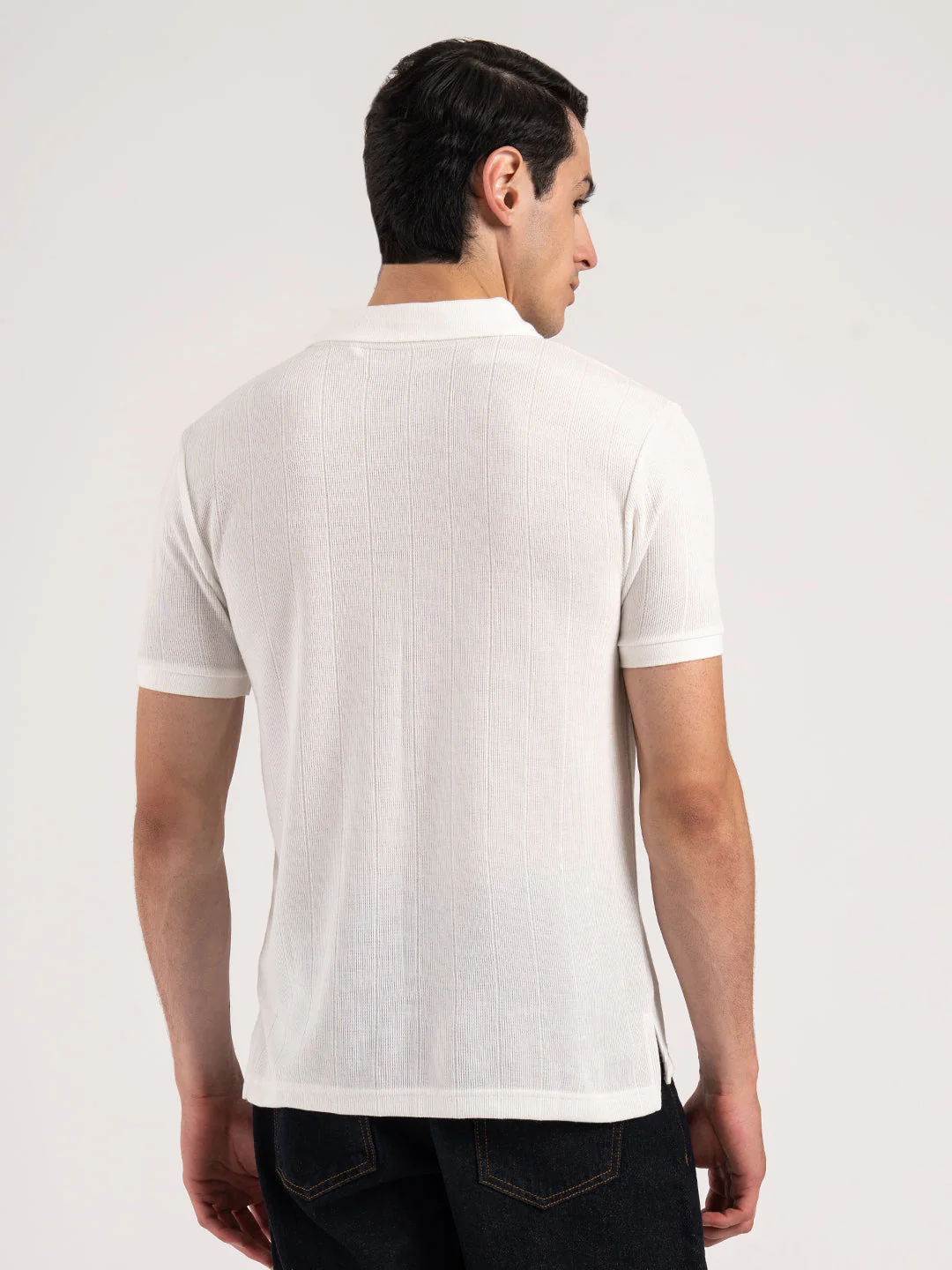 Men White Structure Pattern Polyester Rayon Polo Collar Regular Fit T-Shirt - Image 3