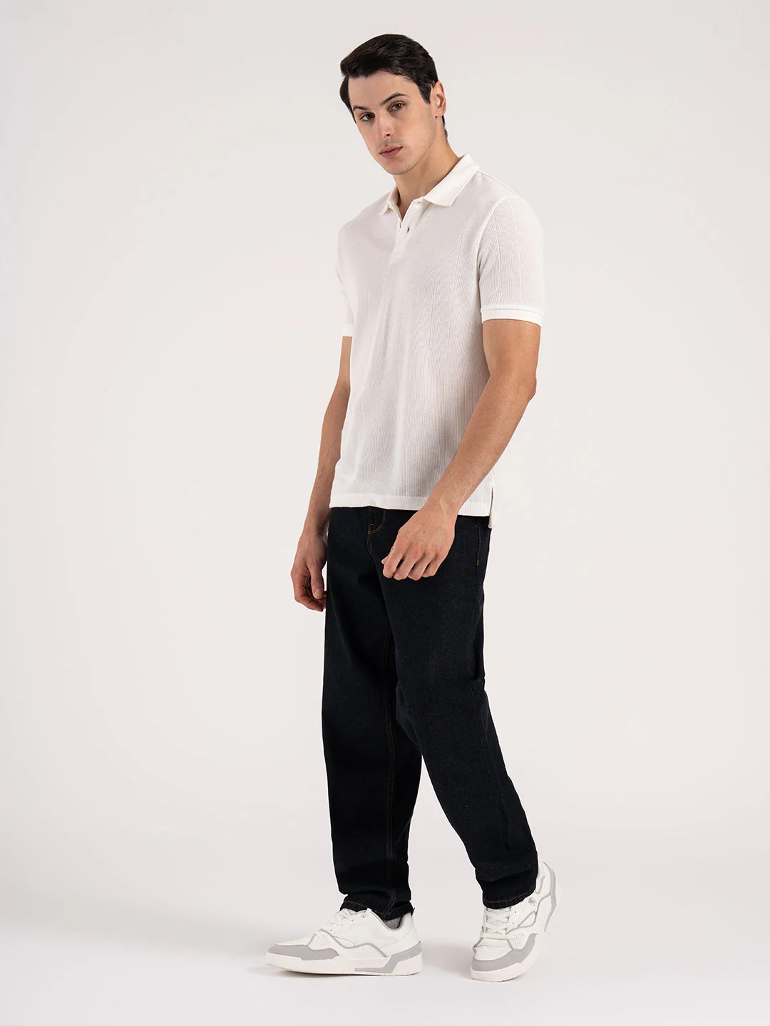 Men White Structure Pattern Polyester Rayon Polo Collar Regular Fit T-Shirt - Image 7